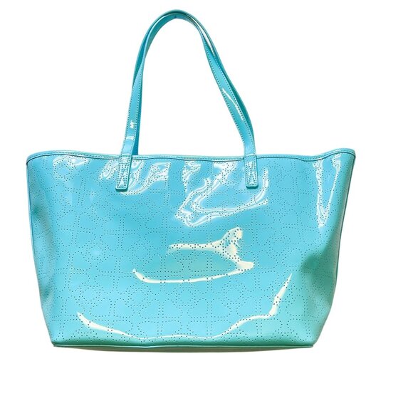 Kate Spade New York Perforated Patent Leather Tote Bag Aqua Blue L - Picture 2 of 7